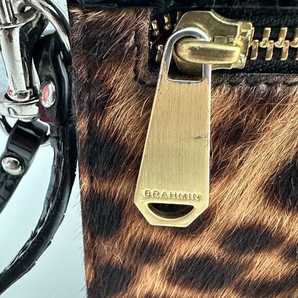 BRAHMIN | Patent Leather Black & Leopard Calf Hair Wristlet | Black Animal Print - Picture 4 of 11